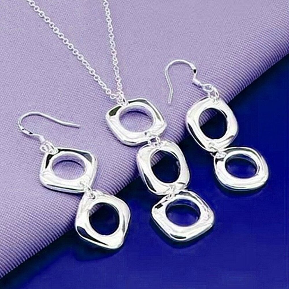Leanna Geo Retro Open Square Trio Drop Sterling Silver Necklace Gift Boxed - Picture 5 of 10